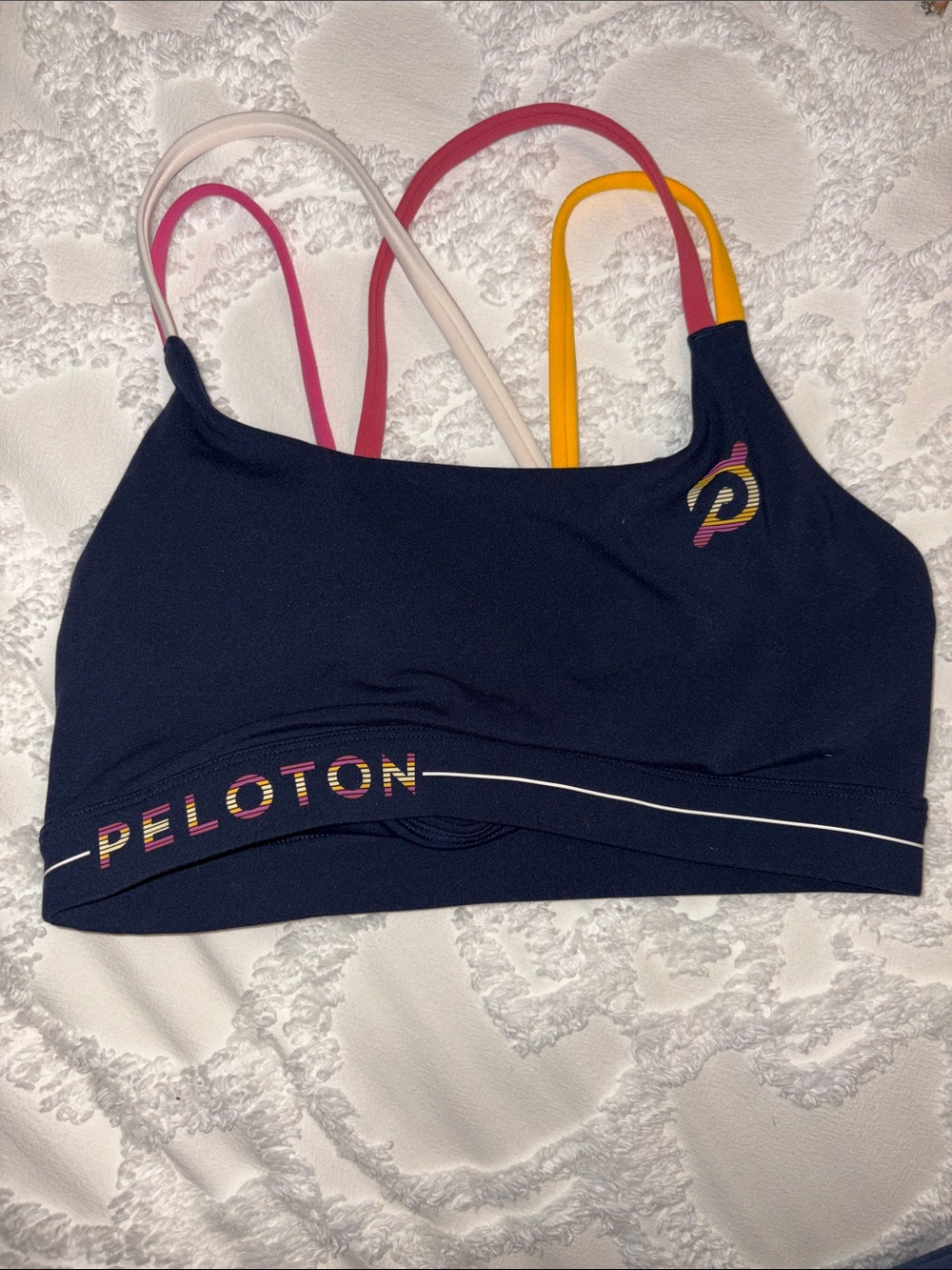 Peloton Navy Sports Bra with Pink and Cream Straps